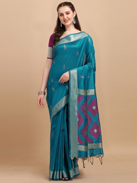 

VISHNU WEAVES Blue & Pink Geometric Woven Design Raw Silk Bhagalpuri Saree