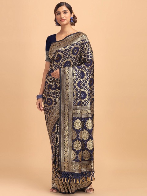 

VISHNU WEAVES Gold-Toned & Black Woven Design Silk Blend Banarasi Saree