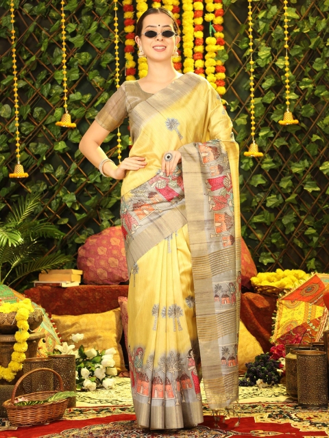 

VISHNU WEAVES Yellow & Grey Kalamkari Silk Blend Tussar Saree