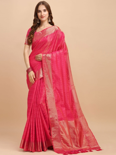 

VISHNU WEAVES Pink & Gold-Toned Woven Design Zari Banarasi Saree