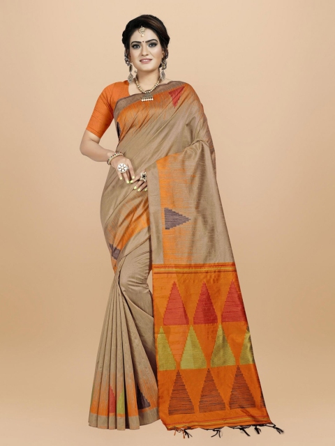 

VISHNU WEAVES Orange Woven Design Linen Blend Banarasi Saree
