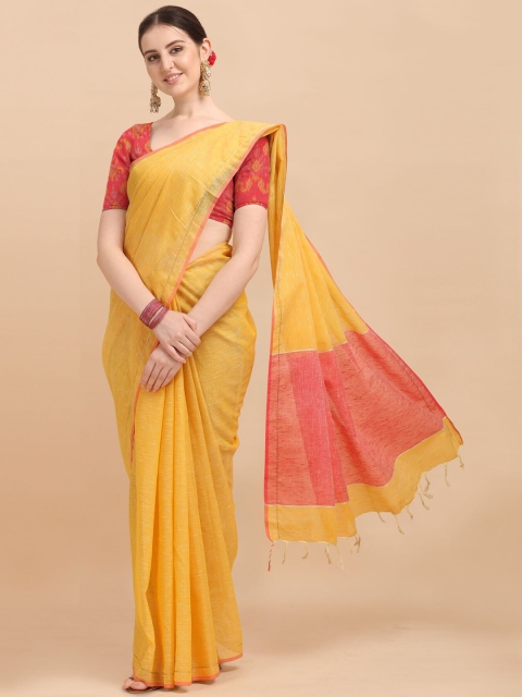 

VISHNU WEAVES Yellow & Pink Woven Design Pure Linen Banarasi Saree