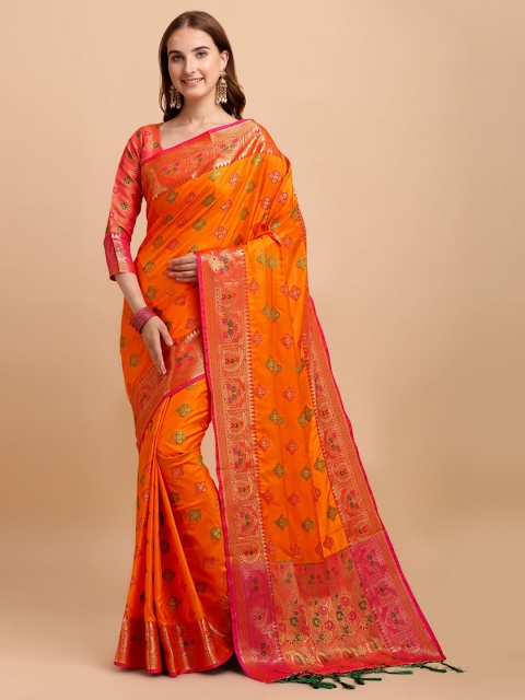 

VISHNU WEAVES Orange & Pink Woven Design Zari Banarasi Saree
