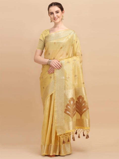 

VISHNU WEAVES Yellow & Gold-Toned Woven Design Zari Tissue Banarasi Saree