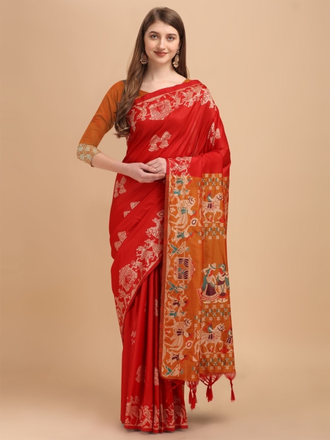 

VISHNU WEAVES Red & Brown Ethnic Motifs Silk Blend Banarasi Saree