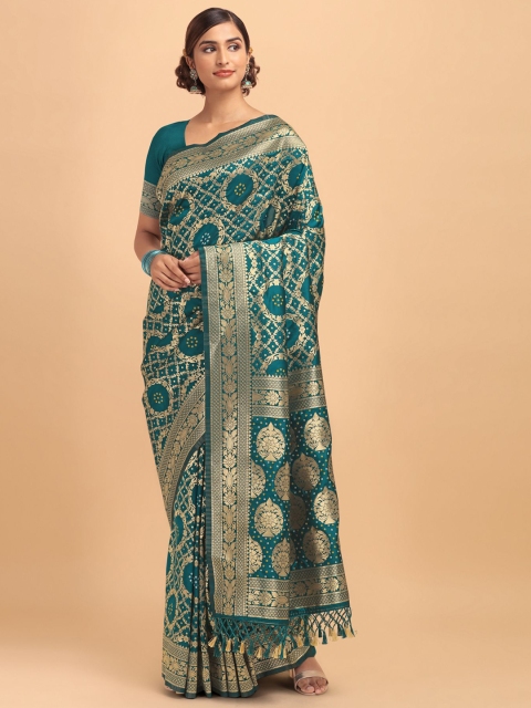 

VISHNU WEAVES Green & Gold-Toned Woven Design Zari Pure Cotton Sambalpuri Saree