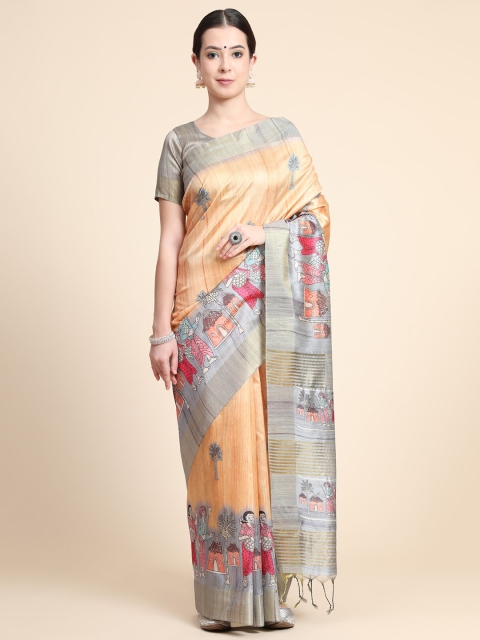 

VISHNU WEAVES Orange & Pink Kalamkari Silk Blend Tussar Saree