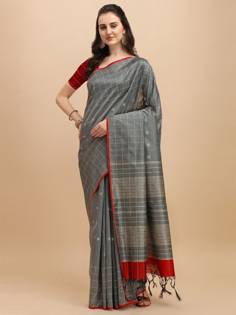 

VISHNU WEAVES Grey & Red Checked Silk Blend Saree