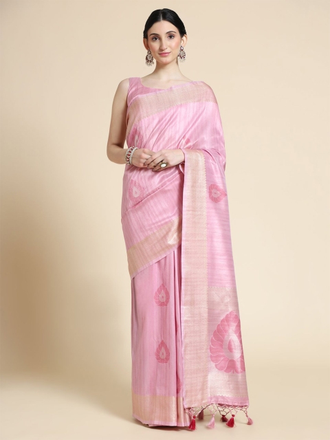 

VISHNU WEAVES Peach-Coloured & Gold-Toned Woven Design Zari Silk Blend Muga Saree