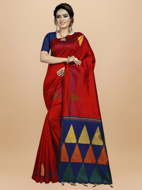 

VISHNU WEAVES Maroon & Blue Woven Design Zari Silk Blend Bhagalpuri Saree
