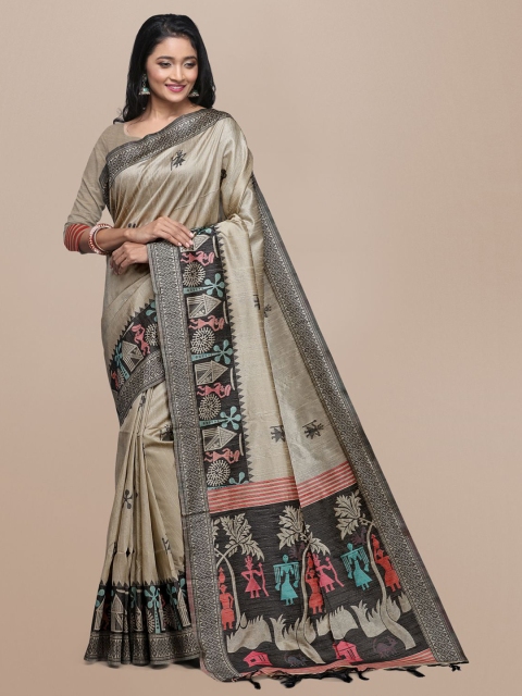 

VISHNU WEAVES Beige & Black Kalamkari Silk Blend Bhagalpuri Saree