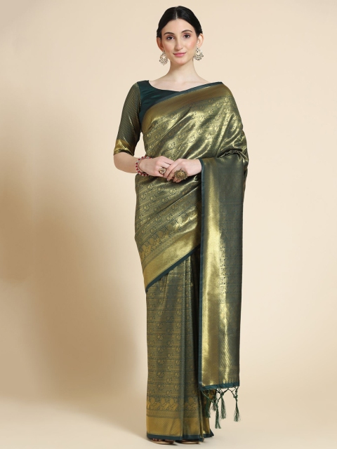 

VISHNU WEAVES Women Teal & Gold-Toned Ethnic Motifs Zari Banarasi Saree