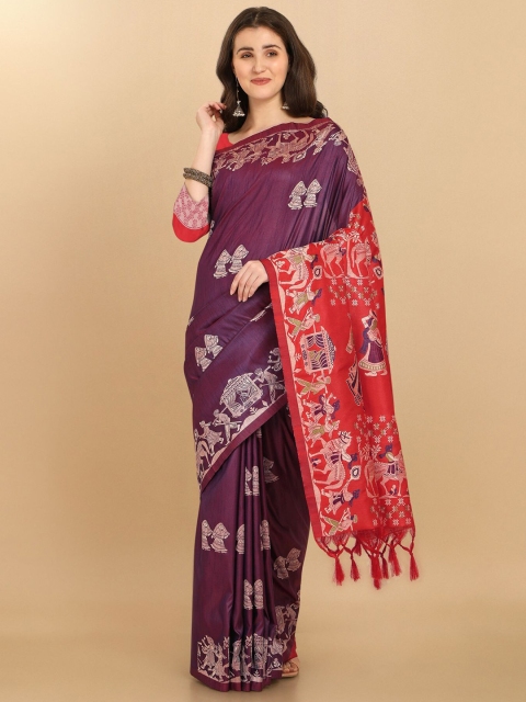 

VISHNU WEAVES Magenta & Red Ethnic Motifs Silk Blend Banarasi Saree