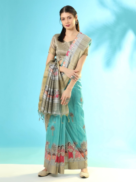 

VISHNU WEAVES Turquoise Blue & Grey Kalamkari Zari Silk Blend Tussar Saree