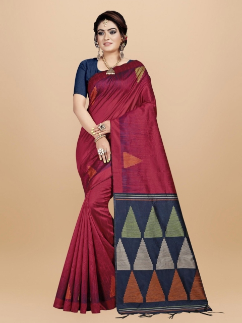 

VISHNU WEAVES Red & Navy Blue Woven Design Zari Silk Blend Bhagalpuri Saree