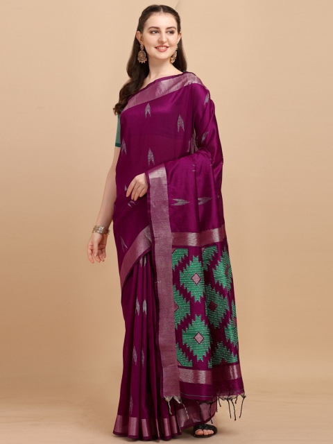 

VISHNU WEAVES Purple & Green Zari Silk Blend Bhagalpuri Saree