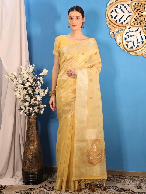 

VISHNU WEAVES Yellow & Gold-Toned Woven Design Zari Tissue Banarasi Saree
