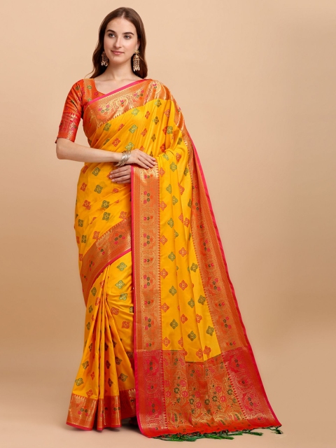 

VISHNU WEAVES Yellow & Red Woven Design Zari Banarasi Saree