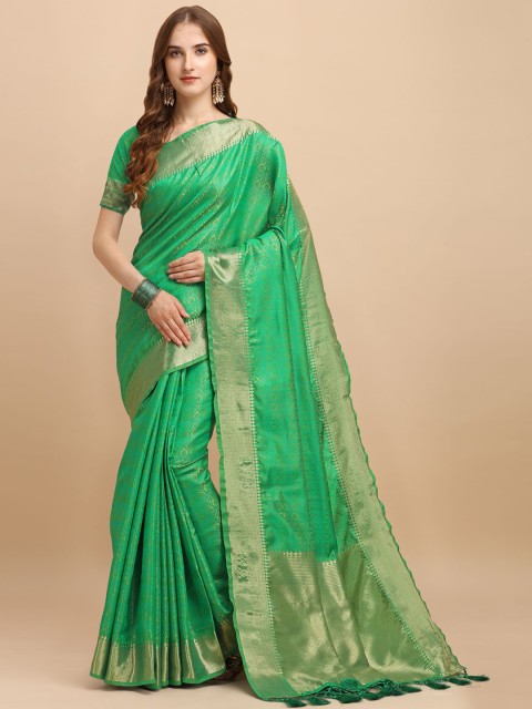 

VISHNU WEAVES Green & Gold-Toned Woven Design Zari Banarasi Saree