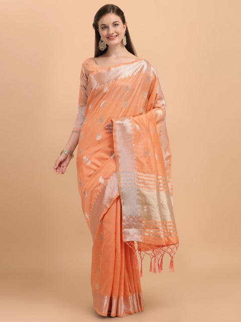 

VISHNU WEAVES Orange & Silver-Toned Woven Design Banarasi Saree