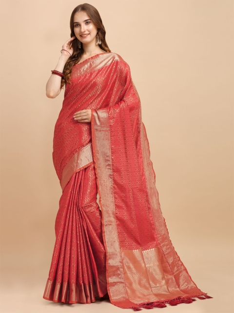 

VISHNU WEAVES Red & Gold-Toned Woven Design Zari Banarasi Saree