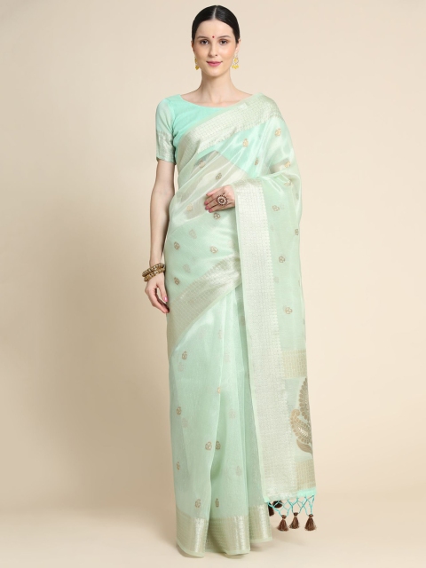 

VISHNU WEAVES Sea Green & Gold-Toned Woven Design Zari Tissue Banarasi Saree