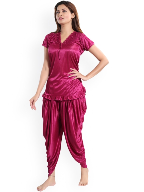 

Romaisa Women Magenta Top And Dhoti Satin Night suit
