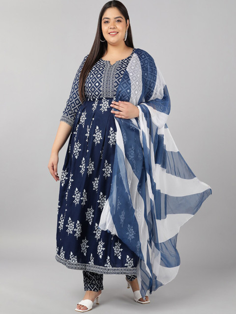 

Pikasha Women Navy Blue Ethnic Motifs Printed Layered Kurta with Trousers & With Dupatta
