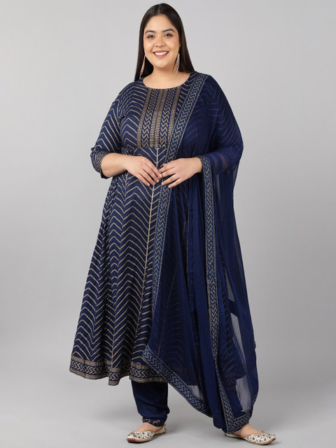 

Pikasha Women Navy Blue Bandhani Striped Empire Kurta with Churidar & With Dupatta