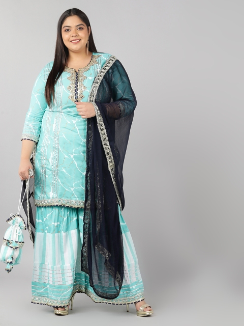 

Pikasha Plus Size Women Blue Printed Gotta Patti Kurta with Sharara & With Dupatta