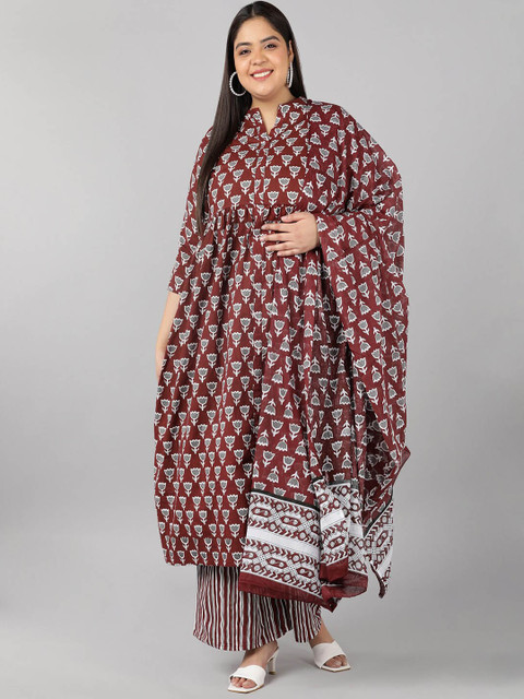 

Pikasha Plus Size Women Maroon Empire Pure Cotton Kurta with Palazzos & With Dupatta
