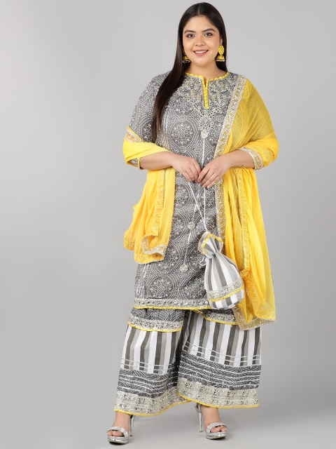 

Pikasha Plus Size Women Grey Bandhani Printed Kurta with Sharara & With Dupatta