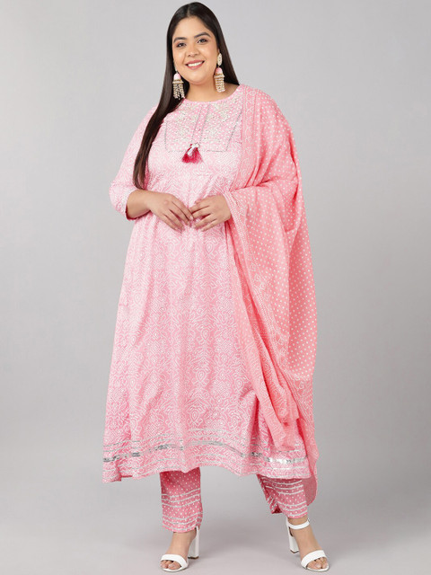 

Pikasha Womens Rayon Bandhani Print Anarkali Kurta Pant And Dupatta Set, Peach