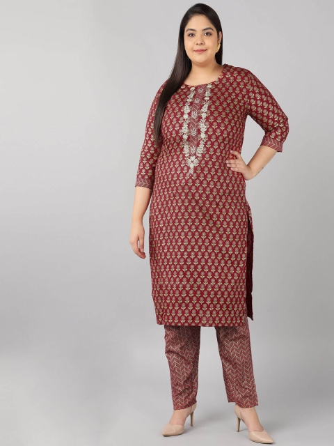 

Pikasha Women Maroon Ethnic Motifs Printed Kurta with Trousers