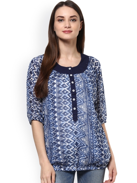 

Ayaany Women Navy Printed Blouson Top, Navy blue