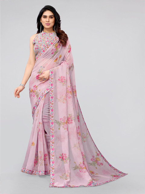 

MIRCHI FASHION Lavender Floral Printed Organza Saree