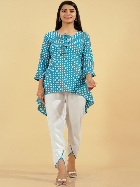 

Pikasha Women Blue Printed Panelled Kurti with Dhoti Pants