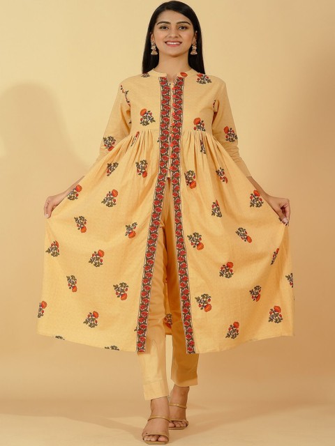 

Pikasha Women Beige Printed Pleated Pure Cotton Kurta with Trousers