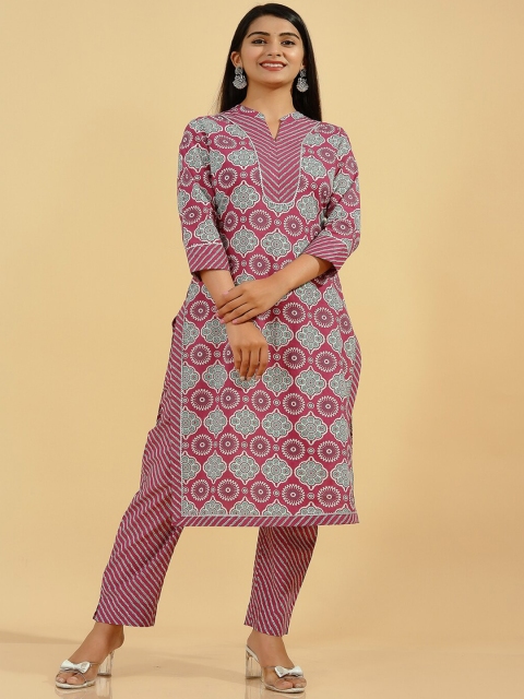

Pikasha Women Purple Floral Printed Pure Cotton Kurti with Trousers
