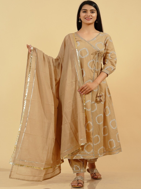 

Pikasha Womens Cotton bandhani Flared Angrakha Kurta Set, Beige