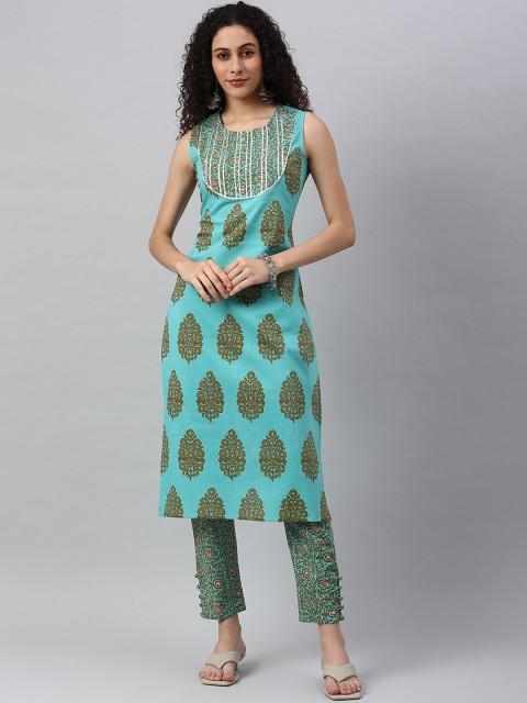 

Pikasha Women's Cotton Block Print Straight Kurta Pant Set, Multi