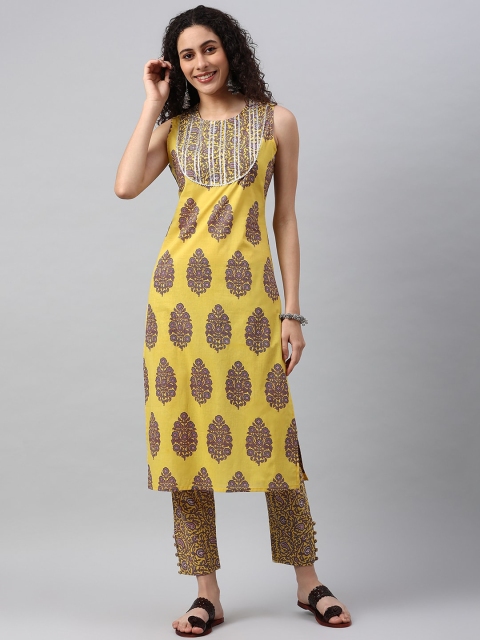 

Pikasha Women Yellow Ethnic Motifs Printed Pure Cotton Kurti with Trousers