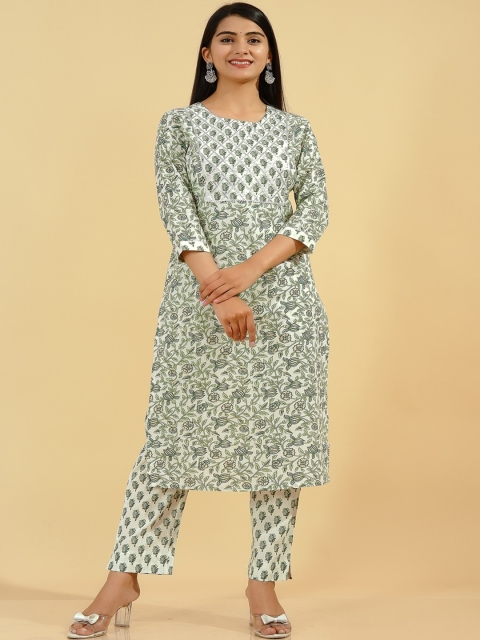 

Pikasha Women's Cotton Green And Off White Floral Straight Kurta Set, Sea green