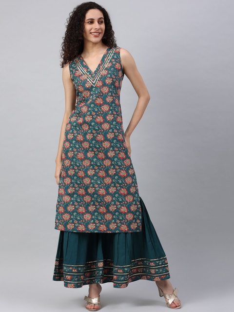 

Pikasha Womens Cotton Floral Print Straight Kurta Sharara, Multi