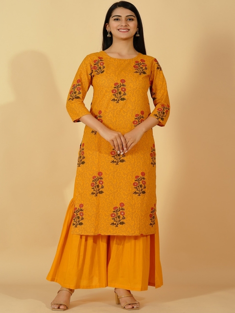 

Pikasha Women Mustard Yellow Floral Printed Pure Cotton Kurta with Sharara