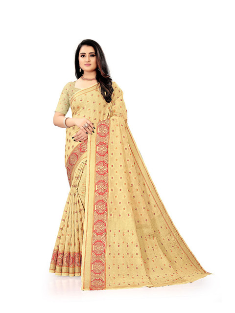 

KAITHY CREATION Beige & Gold-Toned Woven Design Zari Pure Cotton Saree