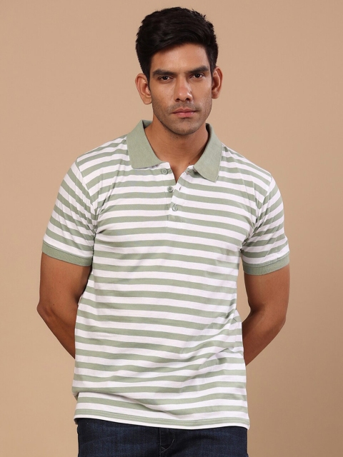 

Tistabene Men Sea Green & White Striped Polo Collar T-shirt