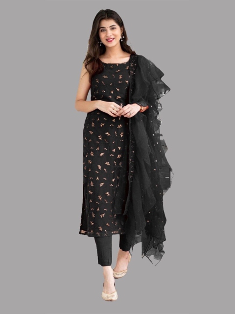 

Fashion Basket Black Embroidered Semi-Stitched Dress Material