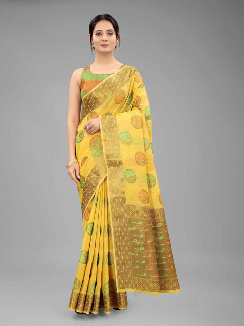

Silk Land Yellow & Green Ethnic Motifs Zari Linen Blend Fusion Saree