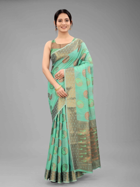 

Silk Land Blue & Gold-Toned Woven Design Zari Linen Blend Fusion Saree